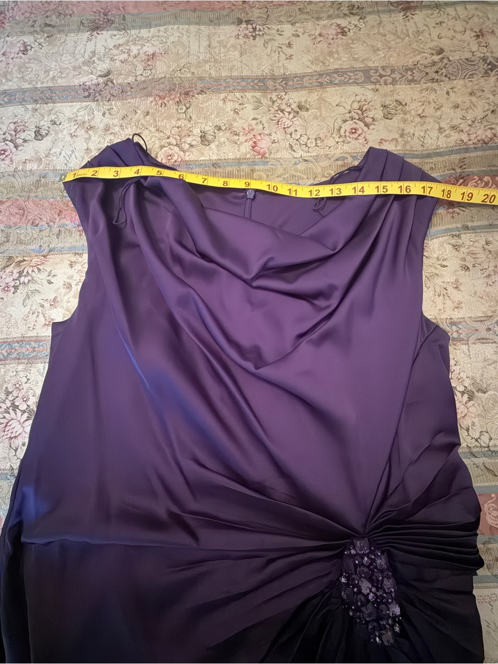 Patra Purple Matte Satin Cowl Neck Beaded Ruched Evening Gown Size 14 - Picture 13 of 16
